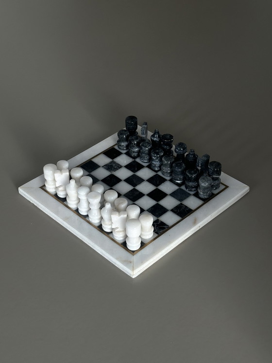 Image 1 of Vintage marmeren schaakspel schaakbord zwart wit