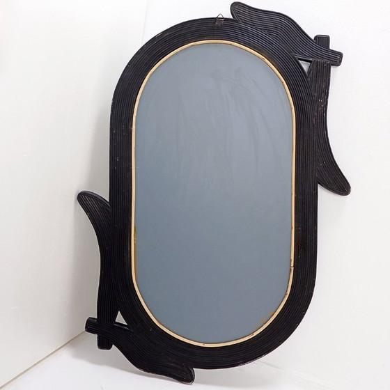 Image 1 of Grand miroir mural Vivai del Sud en bambou laqué noir - Années 1970