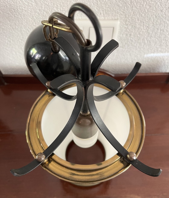 Image 1 of Unique Italian vintage pendant lamp | 1950s | Wrought iron, brass & opaline glass