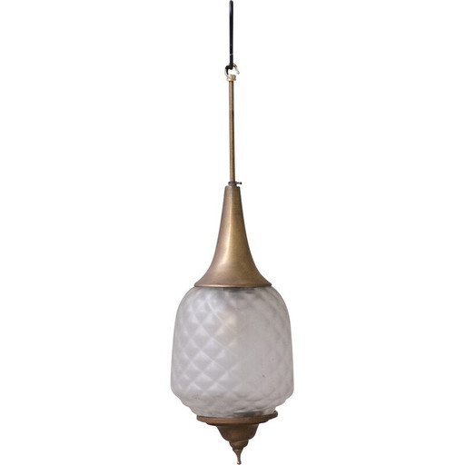 Lampe suspendue vintage en laiton et verre, France 1950