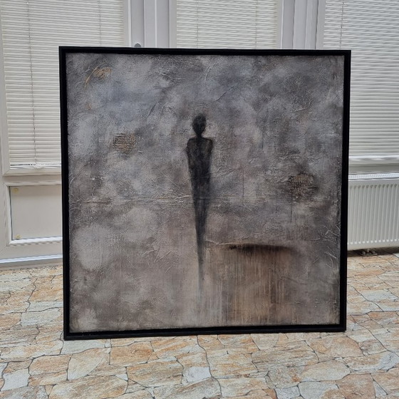 Image 1 of Frances Eckhardt - modern art gray mysterious figure figurative art painting 100x100 cm framed