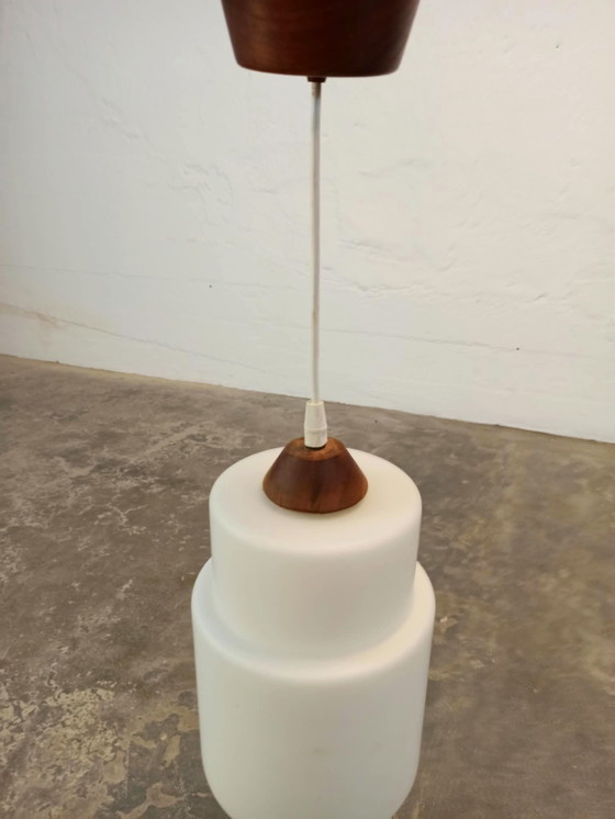 Vintage opaline glass and wood pendant lamp, Brown (photo 8 of 14)