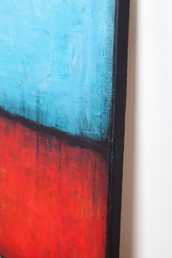 Image 1 of Blue and Red original minimalist abstract modern painting, stretched canvas