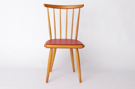 Vintage Beech Dining Chair with Original Red Faux Leather Seat – 1960s/70s Mid-Century German Design