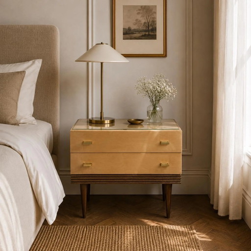 Vintage Mid Century Nightstand / Dresser – Maple Veneer – Brass Handles – Glass Top – 1950s/60s – Made in Germany