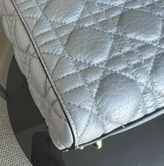 Image 1 of *FLAP OPEN* DIOR LADY MEDIUM - GRAINED CALFSKIN METALLIC SILVER GOLDEN HARDWARE
