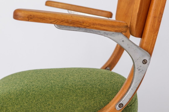 Image 1 of Vintage Armchair 1950s Germany, Beech Wood Chair, Restored & Reupholstered, Light Green Seat, Mid Century Modern