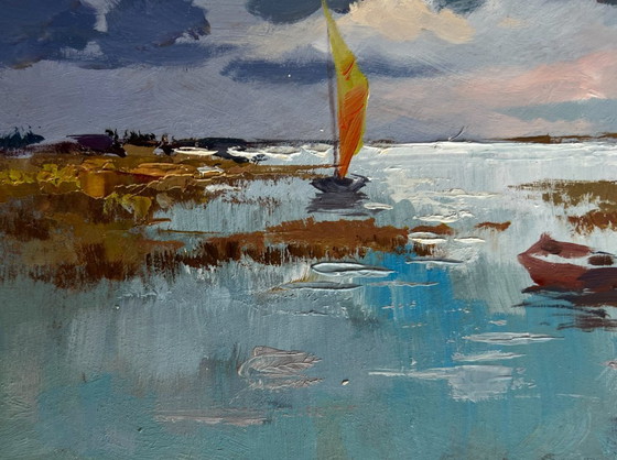 Image 1 of Origineel olieverfschilderij: Avondlandschap aan de rivier. Een rustige avond aan de rivier.