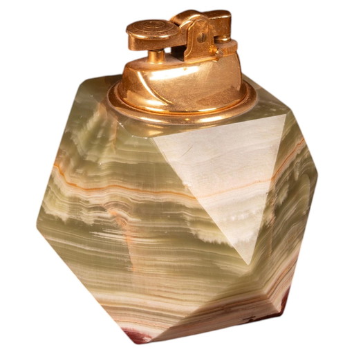 Italian Geometric Green Onyx and Brass Table Lighter, 1970