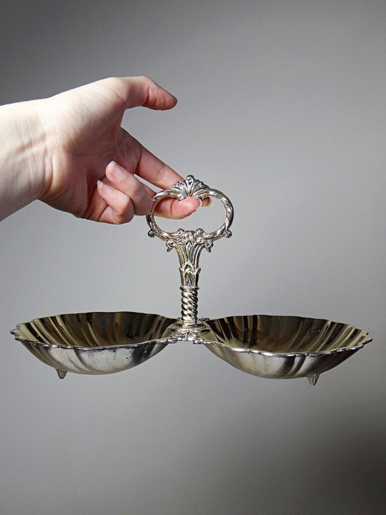 Image 1 of Antique double serving set in light gold-tone metal, vintage shell cup design, 1950s-1970s