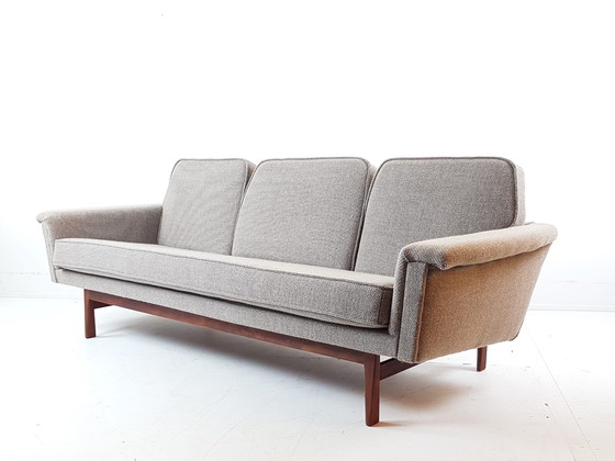 Image 1 of Set di divani vintage in legno di teak | divano + 2 poltrone in lana beige De Ploeg