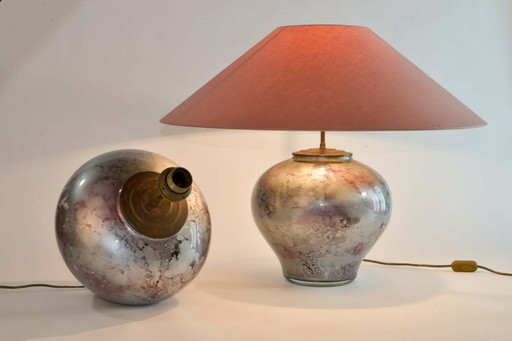 Pair of Mid-Century Design Lilac Silver French Handmade Crystal Glass Table Lamps by Laque Line, set of 2