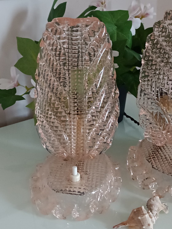Image 1 of Seltenes Paar „Foglia“-Tischlampen von Barovier & Toso – Muranoglas – Rosa, 1960er Jahre