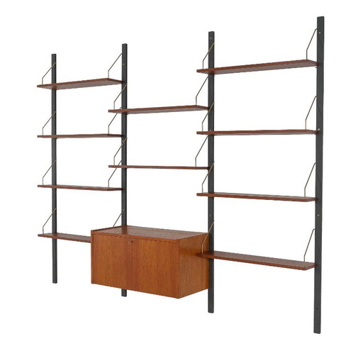Danish Modular Shelving From The 1970s — Teak Veneer With Black Wall Rails, Ten Shelves – boekenkasten, Wood