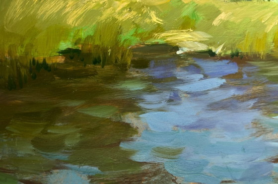 Image 1 of Dipinto ad olio originale, paesaggio costiero fluviale. Un acquazzone si avvicina lungo il fiume.