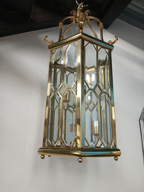 Image 1 of Enorme lanterna a sospensione Lustre Française in vetro Biseauté e Laiton Poli