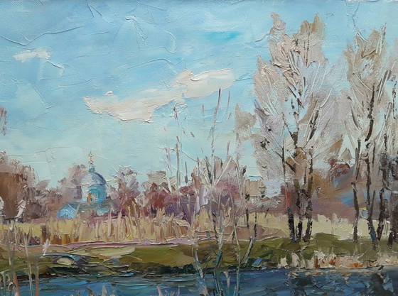 Peinture à l'Huile Originale Église de Campagne Rivière Yezuch – Peintures et dessins, Canvas (photo 5 of 8)