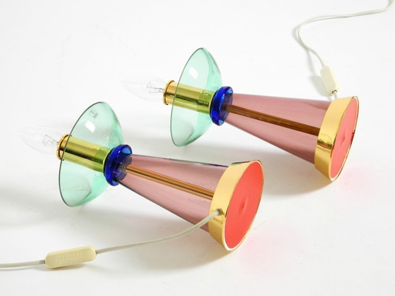 Image 1 of Deux lampes de table rares en verre de Murano italien des années 1980, au design Memphis postmoderne | Vetri Murano