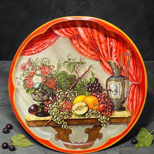 Large vintage round enamel metal tray still life fruit design by Daher