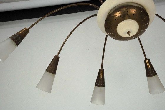 Image 1 of Large Italian Mid-Century Sputnik Brass Chandelier with Satin Glass, 1950s