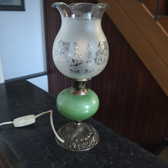 Image 1 of Vintage Green Opaline Table Lamp with Etched Frosted Glass Shade – Electric Oil Lamp Style – 30 cm