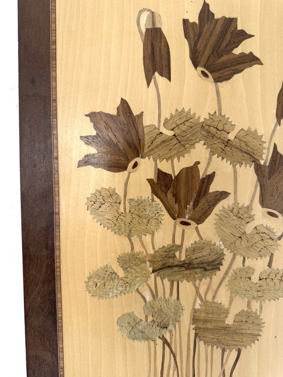 Image 1 of Vintage houten handwerk schilderij met klaprozen ‘60