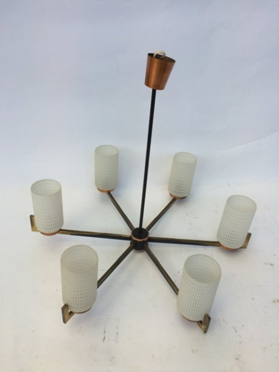 Image 1 of Lampadario vintage in ottone e rame anni '50, stile Murano Arredoluce.