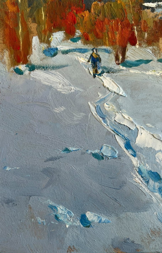 Image 1 of Original Oil Painting Winter Forest Landscape Walking in the winter forest
