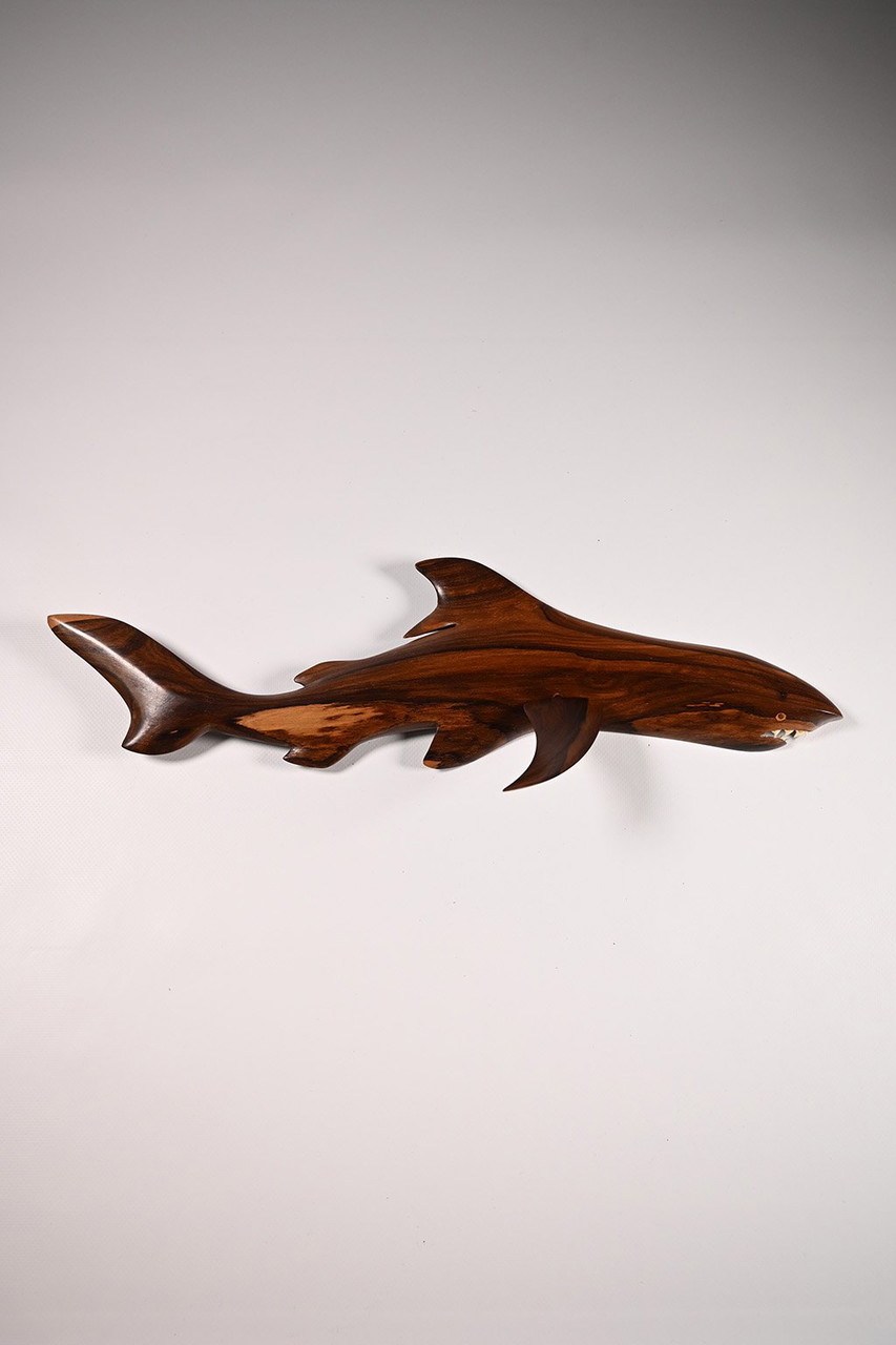 Wooden wall sculpture of a large shark