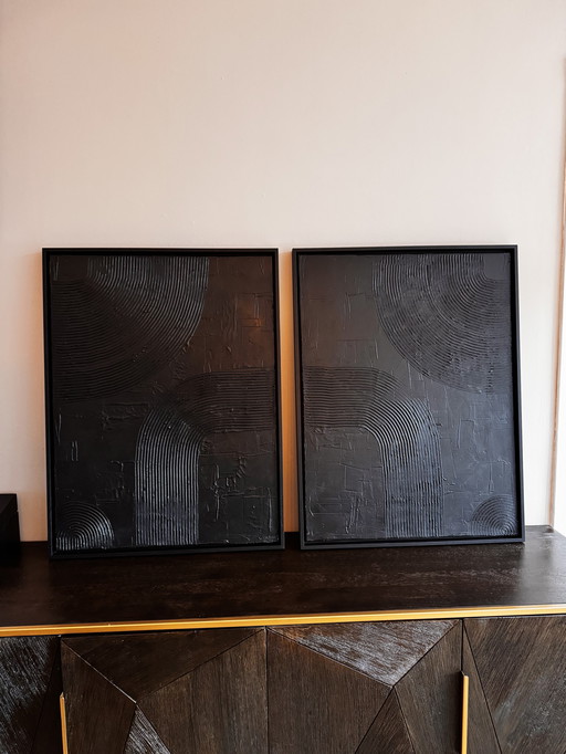 Lot de 2 tableaux abstraits (diptyque) | Atelier Beau | Noir | 60 x 80 cm