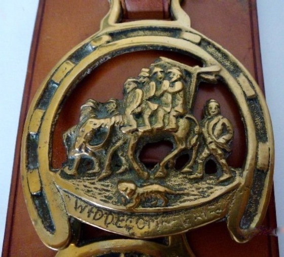 Image 1 of Vintage schellekoord met paard-gerelateerde koperen afbeeldingen. 