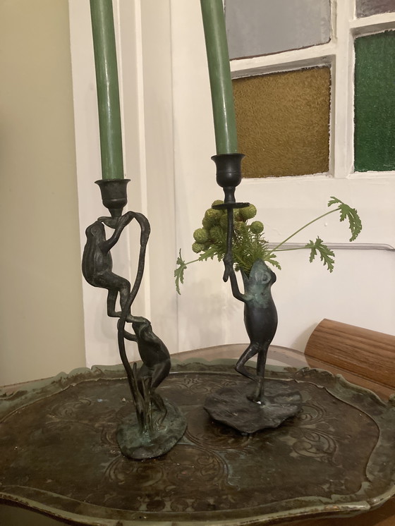 Image 1 of Vintage bronze candle holders, collectible frogs