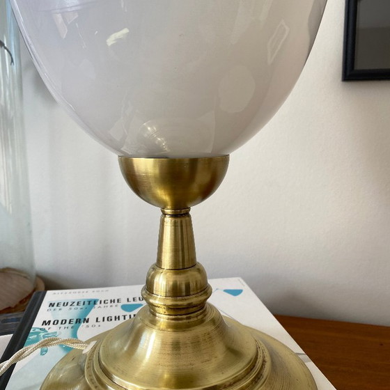 Antique white opaline glass globe table lamp with brass base, Gold (photo 5 of 8)