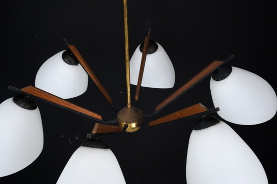 Image 1 of Italian Mid-Century six arms chandelier in the manner of Stilnovo. Italy 1950s.