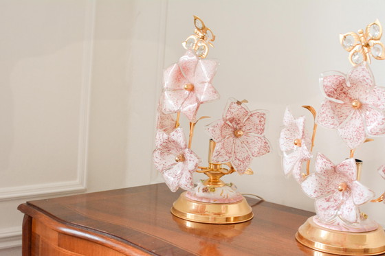 A Pair of Vintage Pink Murano Glass Flower Table Lamps, Italy, 1970s – Gold, Italian Design (photo 5 of 10)