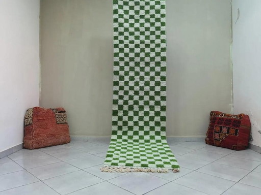 Handwoven Moroccan wool rug, 300/70cm, olive green checkerboard pattern