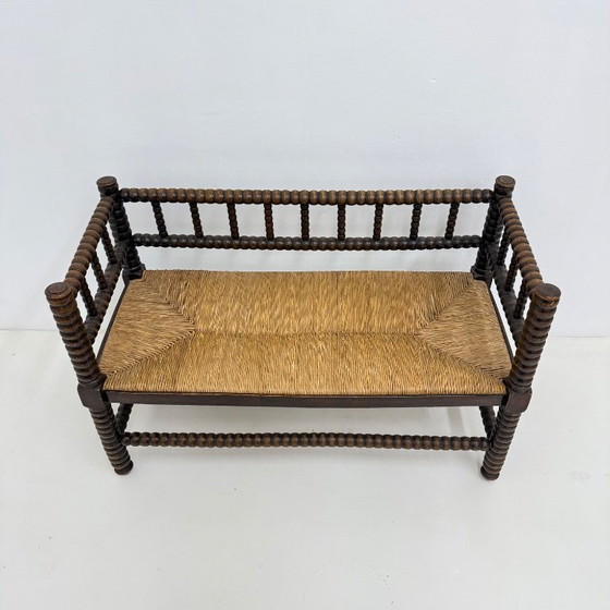 Wooden bench with bobbin legs and rush seat, Benches, Other, Brown, Vintage (photo 4 of 13)