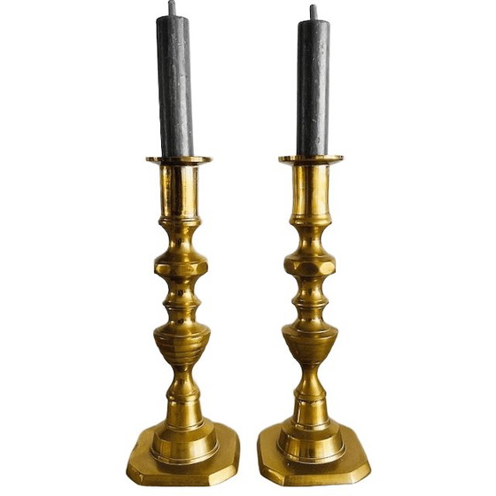 Image 1 of Set of antique English brass pusher candlesticks from the 1890s