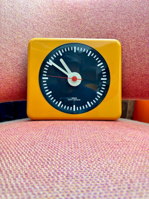 Space Age KRUPS Quartz Electronic Yellow Modernist Wall Clock Mid Century Modern Kitchen Clock Retro Vintage, Germany 1970s