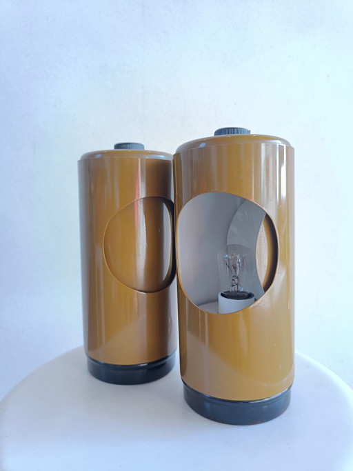 Pair of Vintage Italian Table Lamps, Mustard Yellow Selene Style ABM, Space Age Design, 1970s