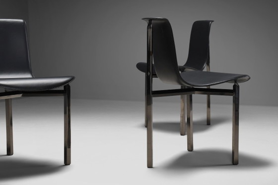 Fauteuils en cuir et chrome à trois pieds, Italie, années 1970 – Chaises de salle à manger, Leather, Vintage (photo 6 of 9)