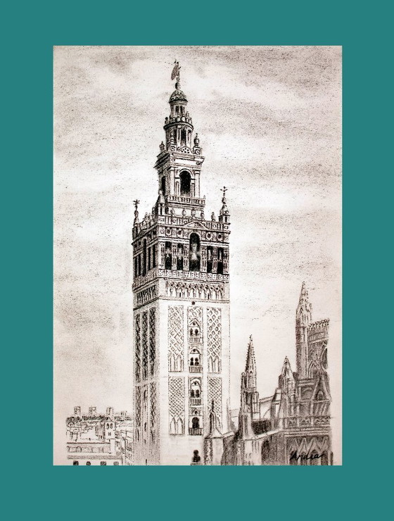 Image 1 of Charcoal drawing of the Giralda of Seville. Giralda of Seville, Spain. Seville Giralda drawing. New.