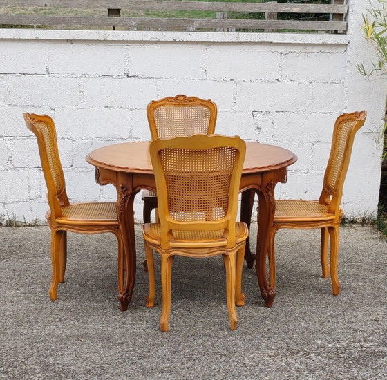Set Of 5 French Vintage Cane Dining Chairs - 5 Big Cherry Wood Cottage Chairs - Style Louis XV - 80s – Rattan (photo 9 of 19)