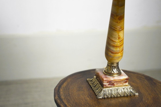 Image 1 of Vintage Pink Onyx Marble Table Lamp with Sage Green Pleated Shade, Italian Brass Bedside Lamp, Art Deco Hollywood Regency Accent