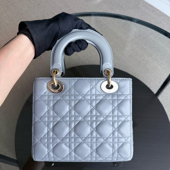 Image 1 of DIOR LADY SMALL - CANNAGE LAMBSKIN LIGHT GREY GRAY GOLD HARDWARE