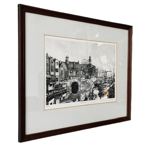 Jan van Rijsewijk ha firmato l'incisione "Porto di Delft" degli anni '60