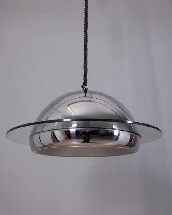 Image 1 of VINTAGE 70'S CHROME METAL AND GLASS CHANDELIER, ITALIAN DESIGN