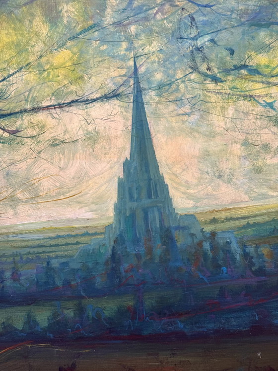 Image 1 of Ben Genaux (1911–1996, Belgio) - Paesaggio surreale con torre e farfalla, olio su tavola