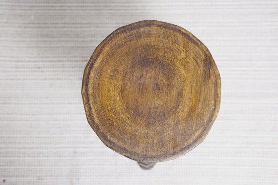 Image 1 of Vintage Bobbin Turned Wooden Stool Plant Stand Brutalist Rustic Tripod Stool Farmhouse Wabi Sabi Decor