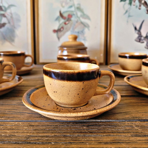 Vintage Sarreguemines Moucheté Bourgondië suikerpot en beker van steengoed